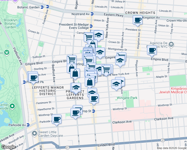 map of restaurants, bars, coffee shops, grocery stores, and more near 379 Lincoln Road in Brooklyn