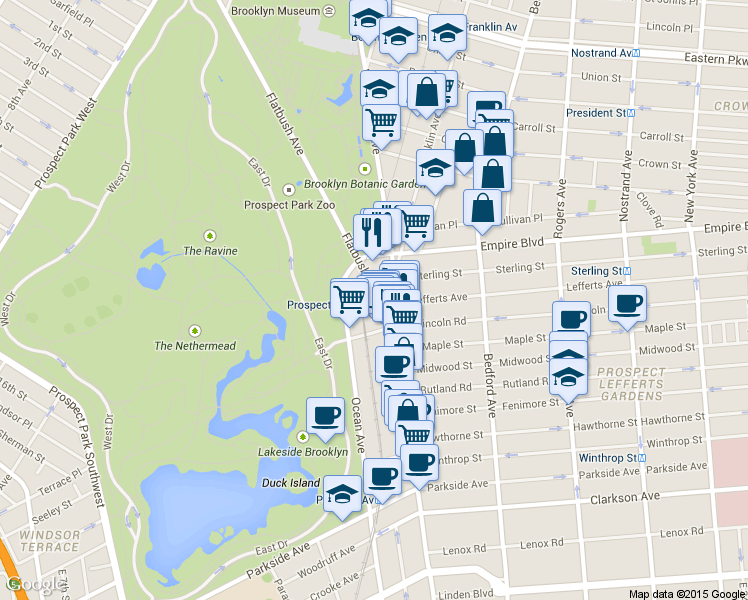 map of restaurants, bars, coffee shops, grocery stores, and more near 496 Flatbush Avenue in Brooklyn