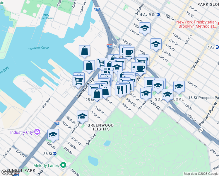 map of restaurants, bars, coffee shops, grocery stores, and more near 714 4th Avenue in Brooklyn