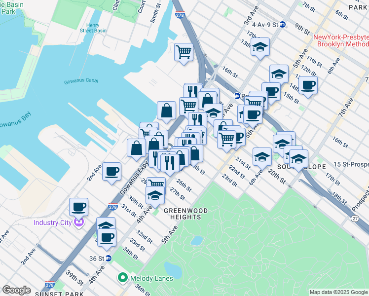 map of restaurants, bars, coffee shops, grocery stores, and more near 148 23rd Street in Brooklyn
