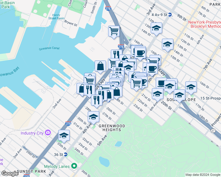 map of restaurants, bars, coffee shops, grocery stores, and more near 148 23rd Street in Brooklyn