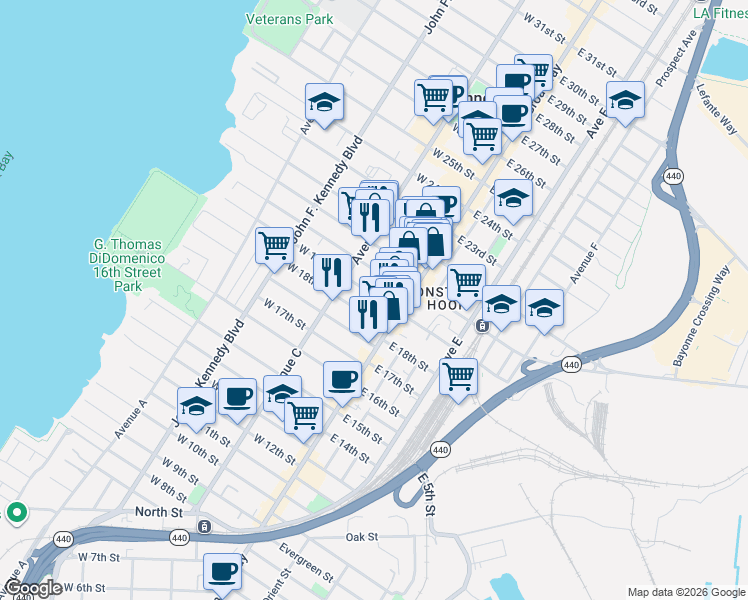 map of restaurants, bars, coffee shops, grocery stores, and more near 17 West 19th Street in Bayonne