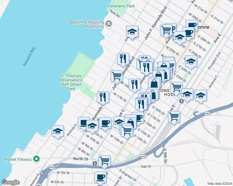 map of restaurants, bars, coffee shops, grocery stores, and more near 94 Andrew Street in Bayonne