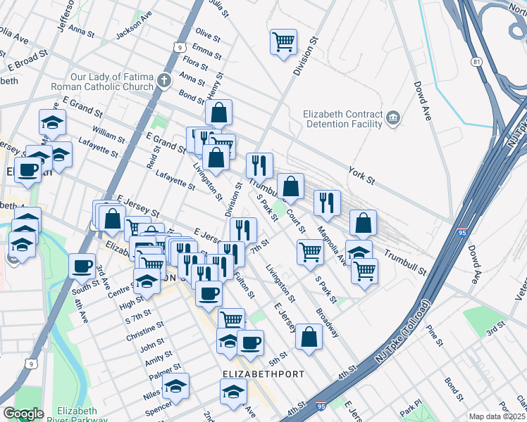 map of restaurants, bars, coffee shops, grocery stores, and more near 739 South Park Street in Elizabeth