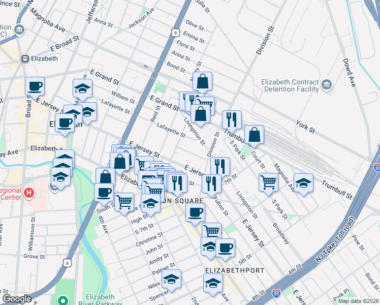map of restaurants, bars, coffee shops, grocery stores, and more near 824 Livingston Street in Elizabeth