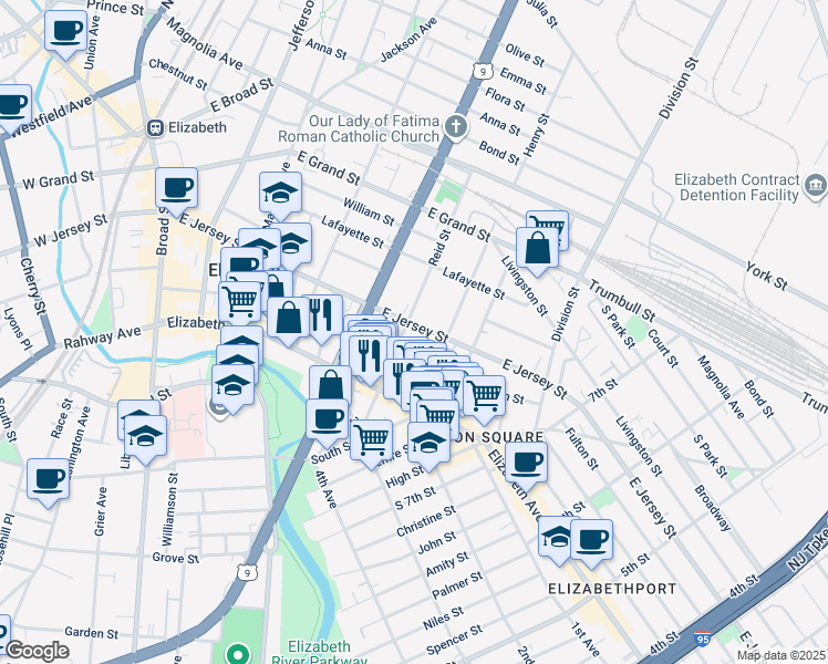 map of restaurants, bars, coffee shops, grocery stores, and more near 924 East Jersey Street in Elizabeth