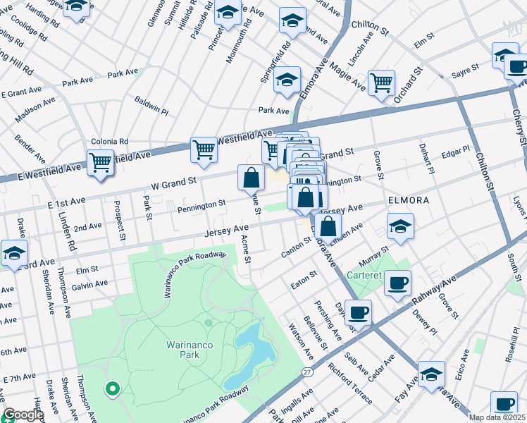 map of restaurants, bars, coffee shops, grocery stores, and more near 171 Bellevue Street in Elizabeth