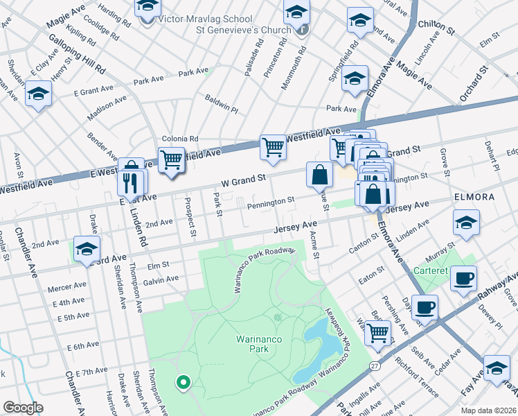 map of restaurants, bars, coffee shops, grocery stores, and more near 925 Pennington Street in Elizabeth