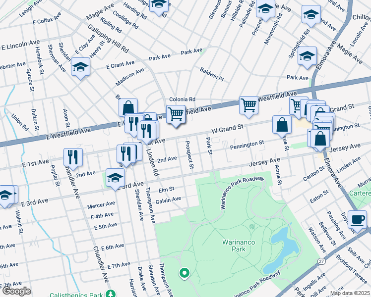 map of restaurants, bars, coffee shops, grocery stores, and more near 114 Prospect Street in Roselle