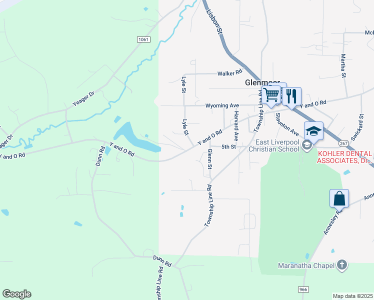 map of restaurants, bars, coffee shops, grocery stores, and more near 46150 Y and O Road in East Liverpool