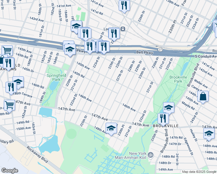 map of restaurants, bars, coffee shops, grocery stores, and more near 145-31A 226th Street in Queens