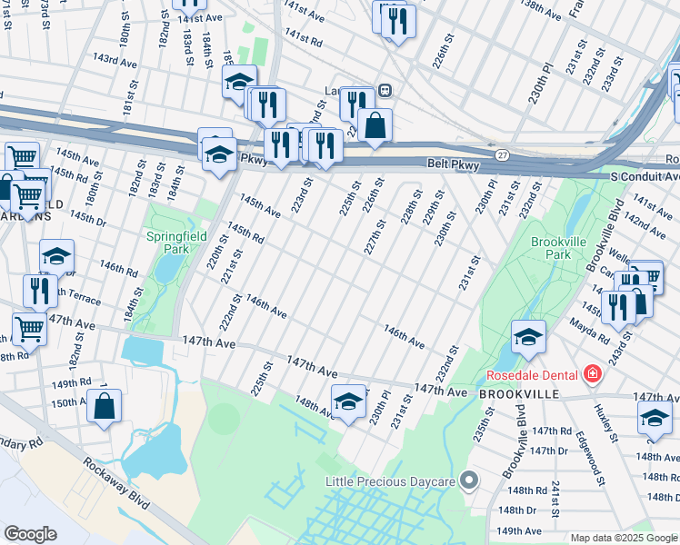 map of restaurants, bars, coffee shops, grocery stores, and more near 145-31A 226th Street in Queens