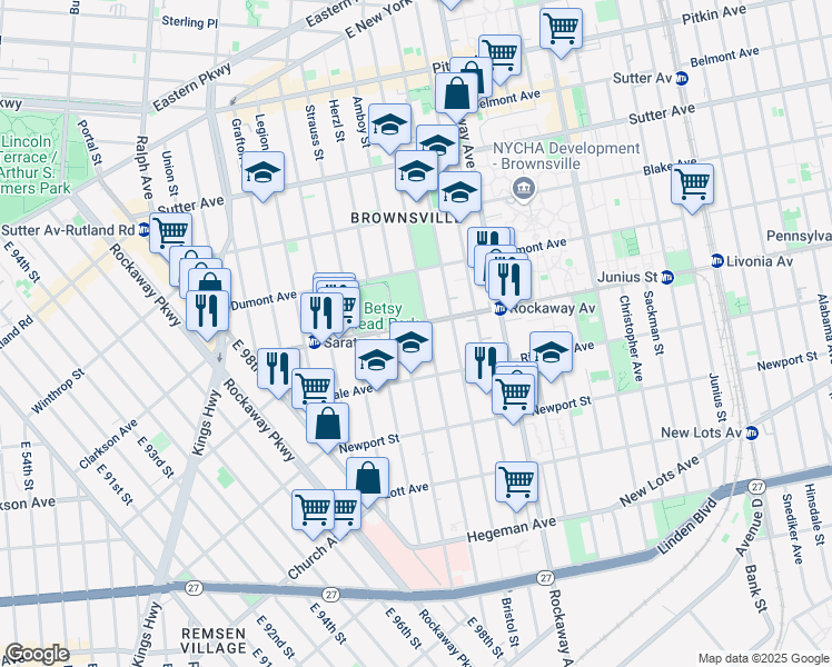 map of restaurants, bars, coffee shops, grocery stores, and more near 166 Livonia Avenue in Brooklyn