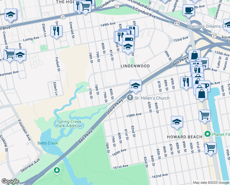 map of restaurants, bars, coffee shops, grocery stores, and more near 156-21 80th Street in Queens