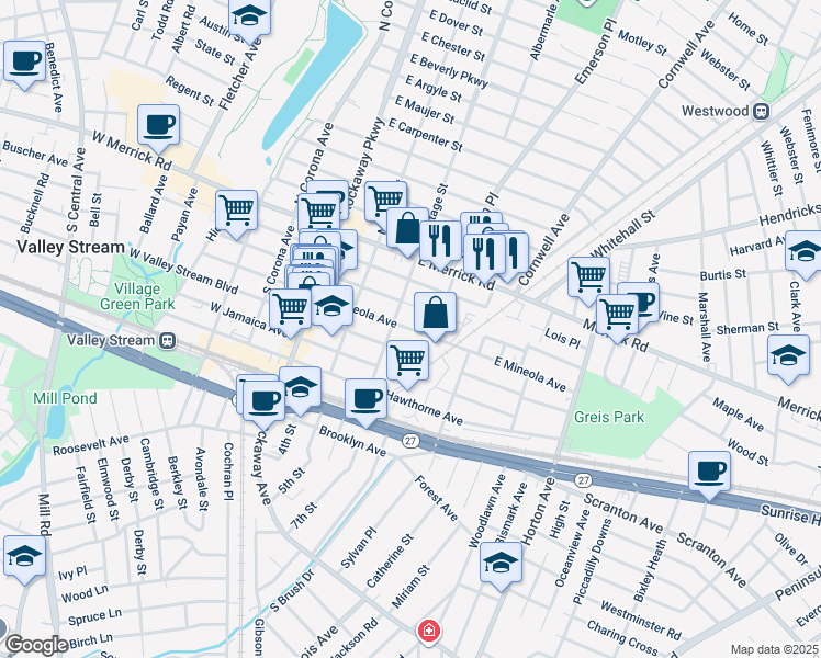 map of restaurants, bars, coffee shops, grocery stores, and more near 85 East Mineola Avenue in Valley Stream