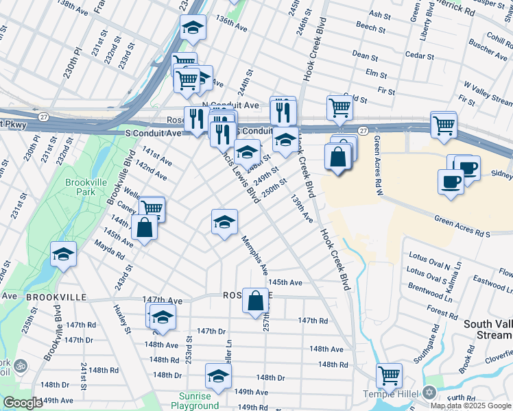 map of restaurants, bars, coffee shops, grocery stores, and more near 141-05 250th Street in Queens