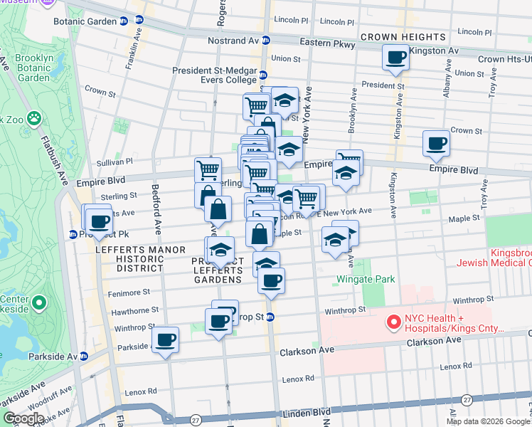 map of restaurants, bars, coffee shops, grocery stores, and more near 379 Lincoln Road in Brooklyn