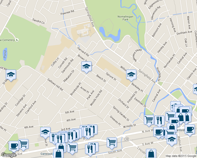 map of restaurants, bars, coffee shops, grocery stores, and more near 115 Beech Street in Cranford