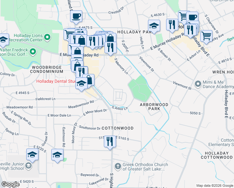 map of restaurants, bars, coffee shops, grocery stores, and more near 4961 Getty Lane in Holladay