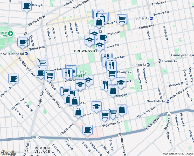 map of restaurants, bars, coffee shops, grocery stores, and more near 372 Bristol Street in Brooklyn