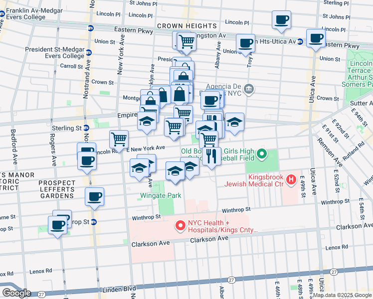 map of restaurants, bars, coffee shops, grocery stores, and more near 618 East New York Avenue in Brooklyn