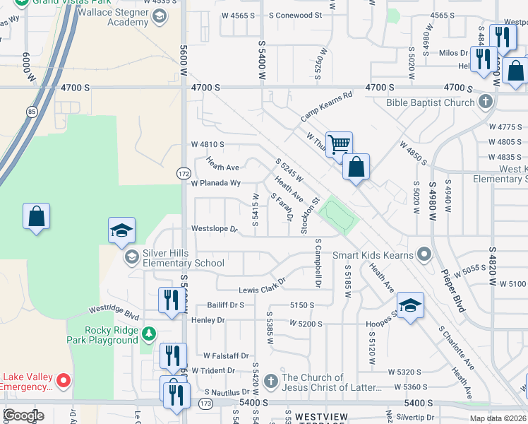 map of restaurants, bars, coffee shops, grocery stores, and more near 4931 South 5415 West in Kearns