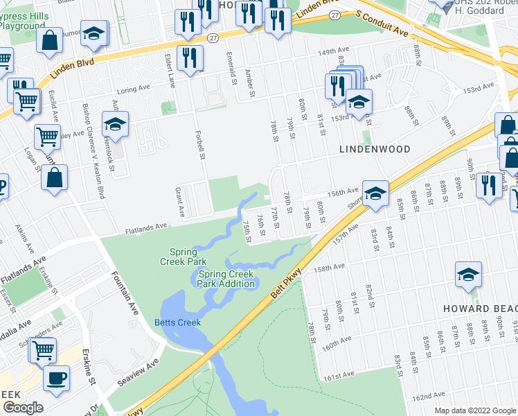 map of restaurants, bars, coffee shops, grocery stores, and more near 156th Avenue & 76th Street in Queens