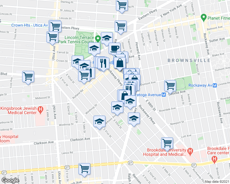 map of restaurants, bars, coffee shops, grocery stores, and more near 1112 Winthrop Street in Brooklyn