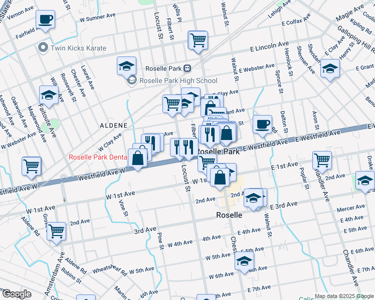 map of restaurants, bars, coffee shops, grocery stores, and more near 111 Locust Street in Roselle Park