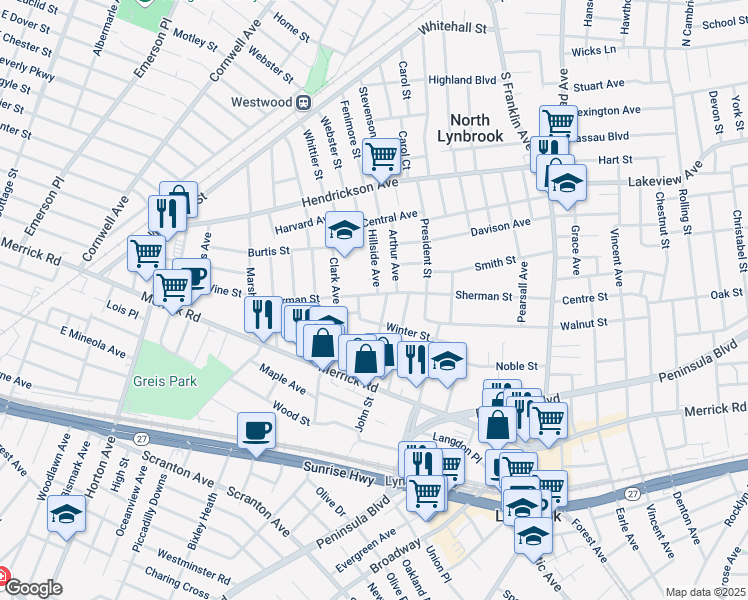 map of restaurants, bars, coffee shops, grocery stores, and more near 178 Sherman Street in Lynbrook