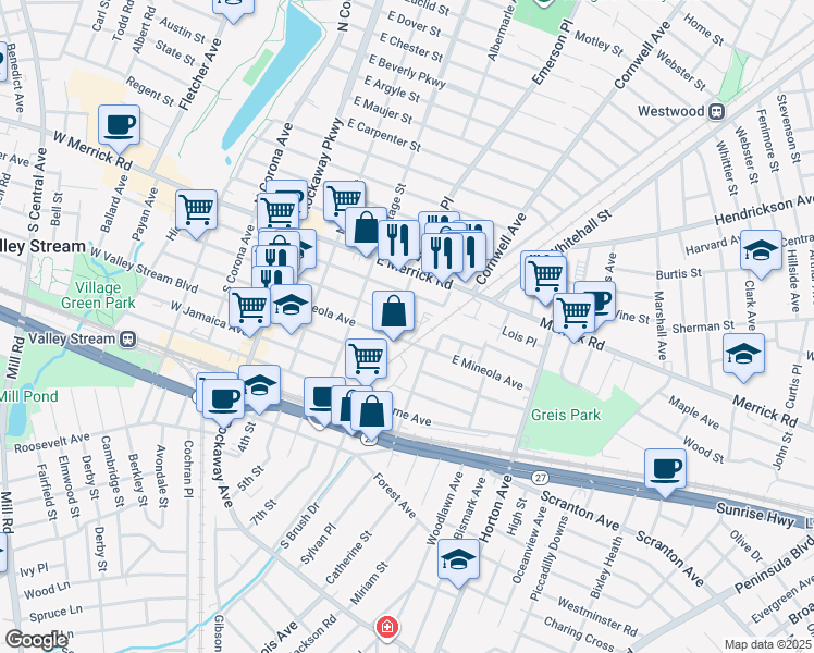 map of restaurants, bars, coffee shops, grocery stores, and more near 132 East Fairview Avenue in Valley Stream