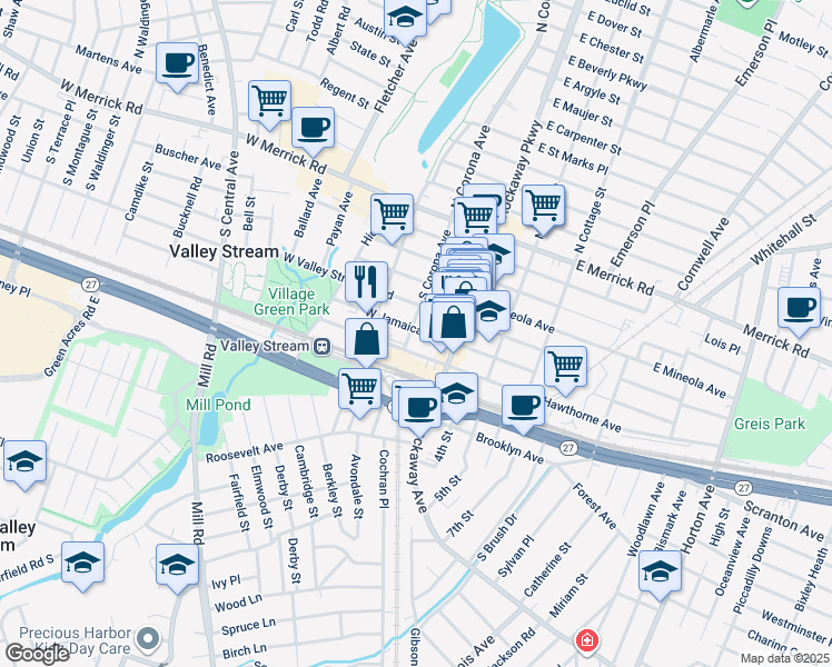 map of restaurants, bars, coffee shops, grocery stores, and more near 99 South Corona Avenue in Valley Stream