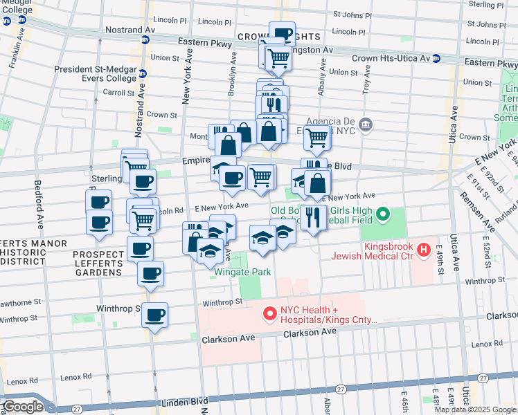 map of restaurants, bars, coffee shops, grocery stores, and more near 588 East New York Avenue in Brooklyn