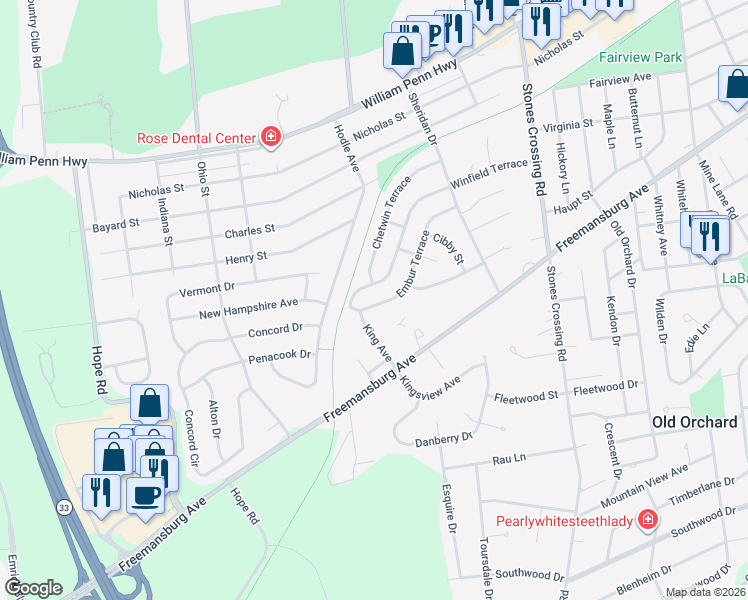 map of restaurants, bars, coffee shops, grocery stores, and more near 4341 Embur Terrace in Easton