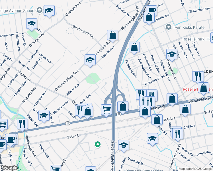 map of restaurants, bars, coffee shops, grocery stores, and more near 46 Parkway Village in Cranford