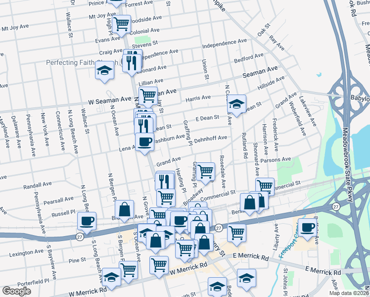map of restaurants, bars, coffee shops, grocery stores, and more near 74 Dehnhoff Avenue in Freeport