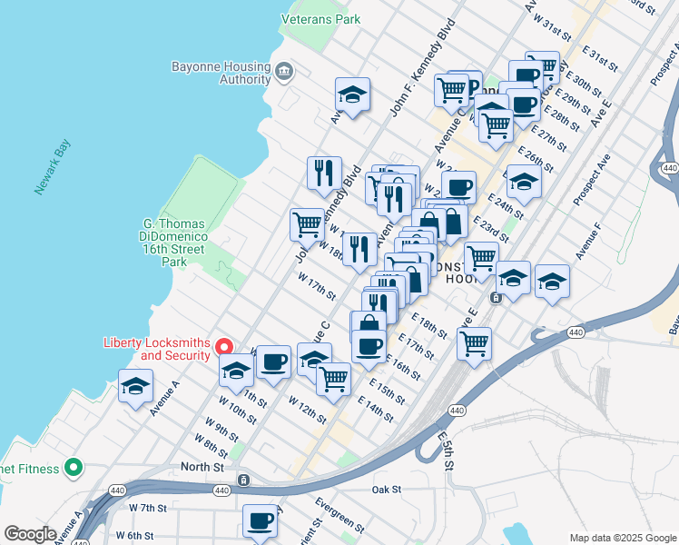 map of restaurants, bars, coffee shops, grocery stores, and more near 66 West 18th Street in Bayonne