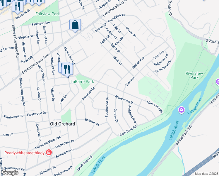 map of restaurants, bars, coffee shops, grocery stores, and more near 1501 Mine Lane Road in Easton