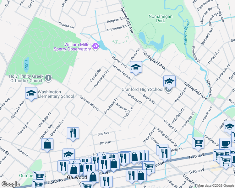 map of restaurants, bars, coffee shops, grocery stores, and more near 617 Brookside Place in Cranford