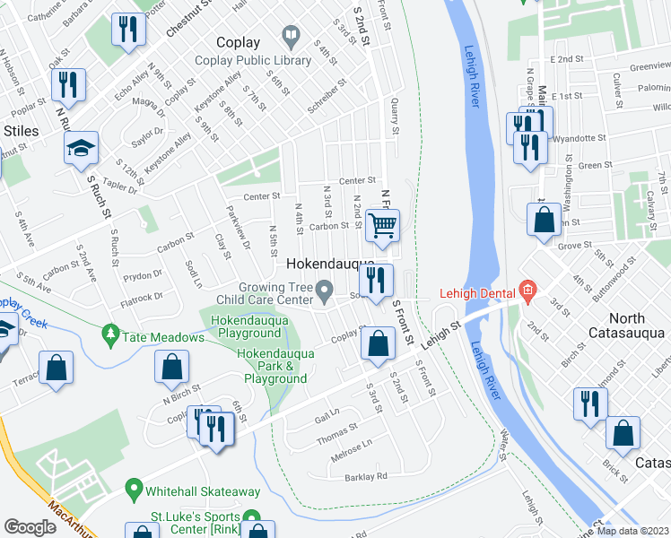 map of restaurants, bars, coffee shops, grocery stores, and more near 3028 North 3rd Street in Hokendauqua