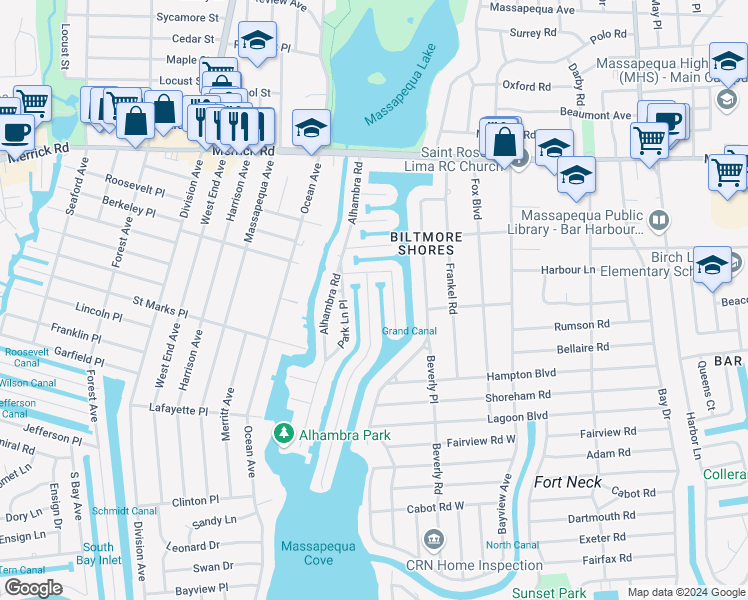 map of restaurants, bars, coffee shops, grocery stores, and more near 129 Beach Road in Massapequa