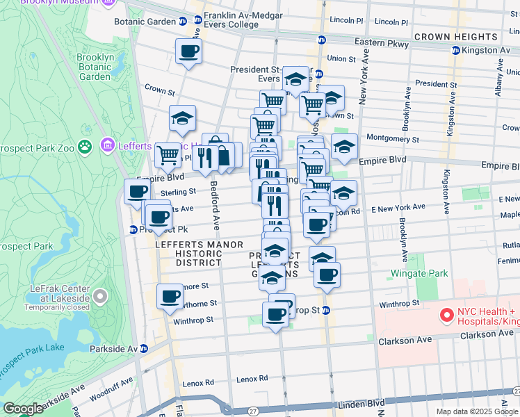 map of restaurants, bars, coffee shops, grocery stores, and more near 206 Lefferts Avenue in Brooklyn