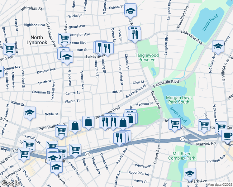 map of restaurants, bars, coffee shops, grocery stores, and more near 62 Oak Street in Lynbrook