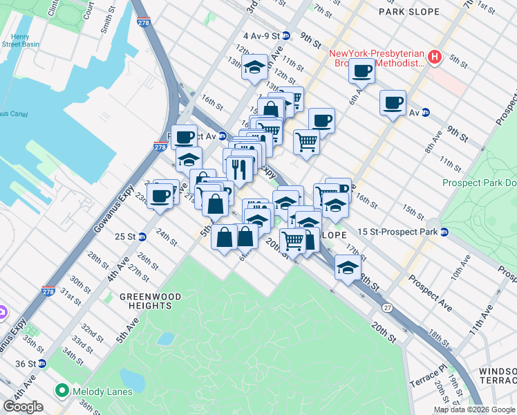 map of restaurants, bars, coffee shops, grocery stores, and more near 278 18th Street in Brooklyn