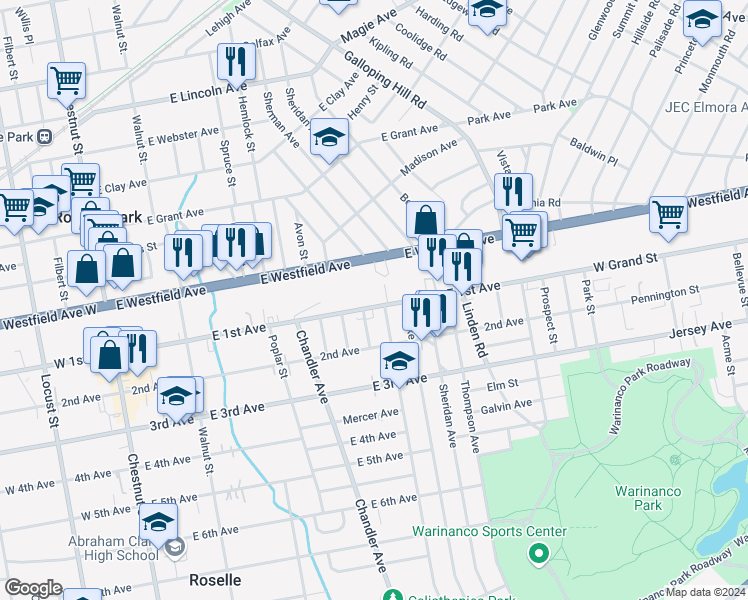map of restaurants, bars, coffee shops, grocery stores, and more near 457 East 1st Avenue in Roselle