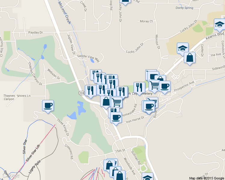 map of restaurants, bars, coffee shops, grocery stores, and more near 1300 Snow Creek Drive in Park City