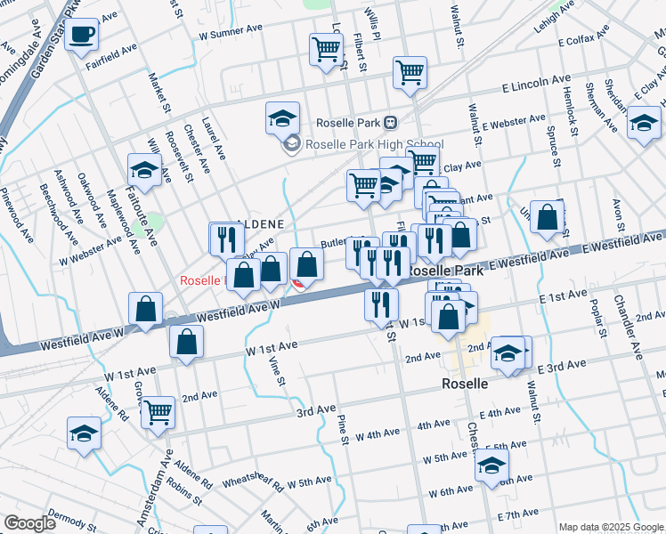 map of restaurants, bars, coffee shops, grocery stores, and more near 148 Warren Avenue in Roselle Park
