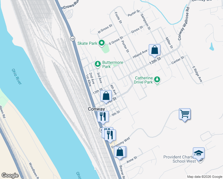 map of restaurants, bars, coffee shops, grocery stores, and more near 1217 4th Avenue in Conway