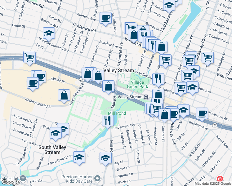 map of restaurants, bars, coffee shops, grocery stores, and more near Sunrise Hwy & Mill Rd in Valley Stream