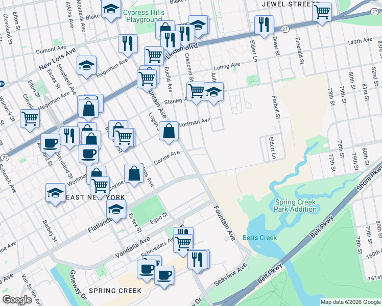 map of restaurants, bars, coffee shops, grocery stores, and more near 692 Cozine Avenue in Brooklyn